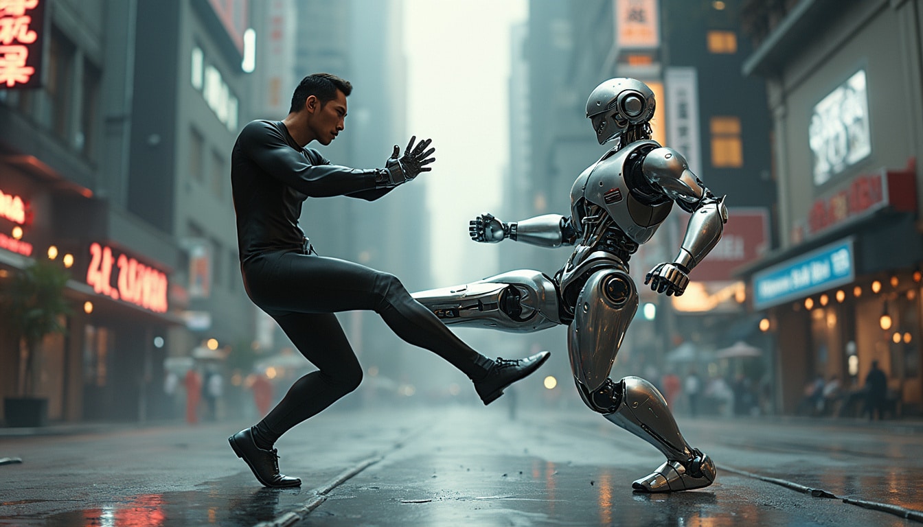 erleben sie den spannenden kampf zwischen dem roboter unitree g1 und einem menschen! sehen sie zu, wie der beeindruckende roboter mit einem gezielten kick seinen gegner entwaffnet. ein aufregendes video, das technologie und menschliche fähigkeiten auf faszinierende weise vereint!