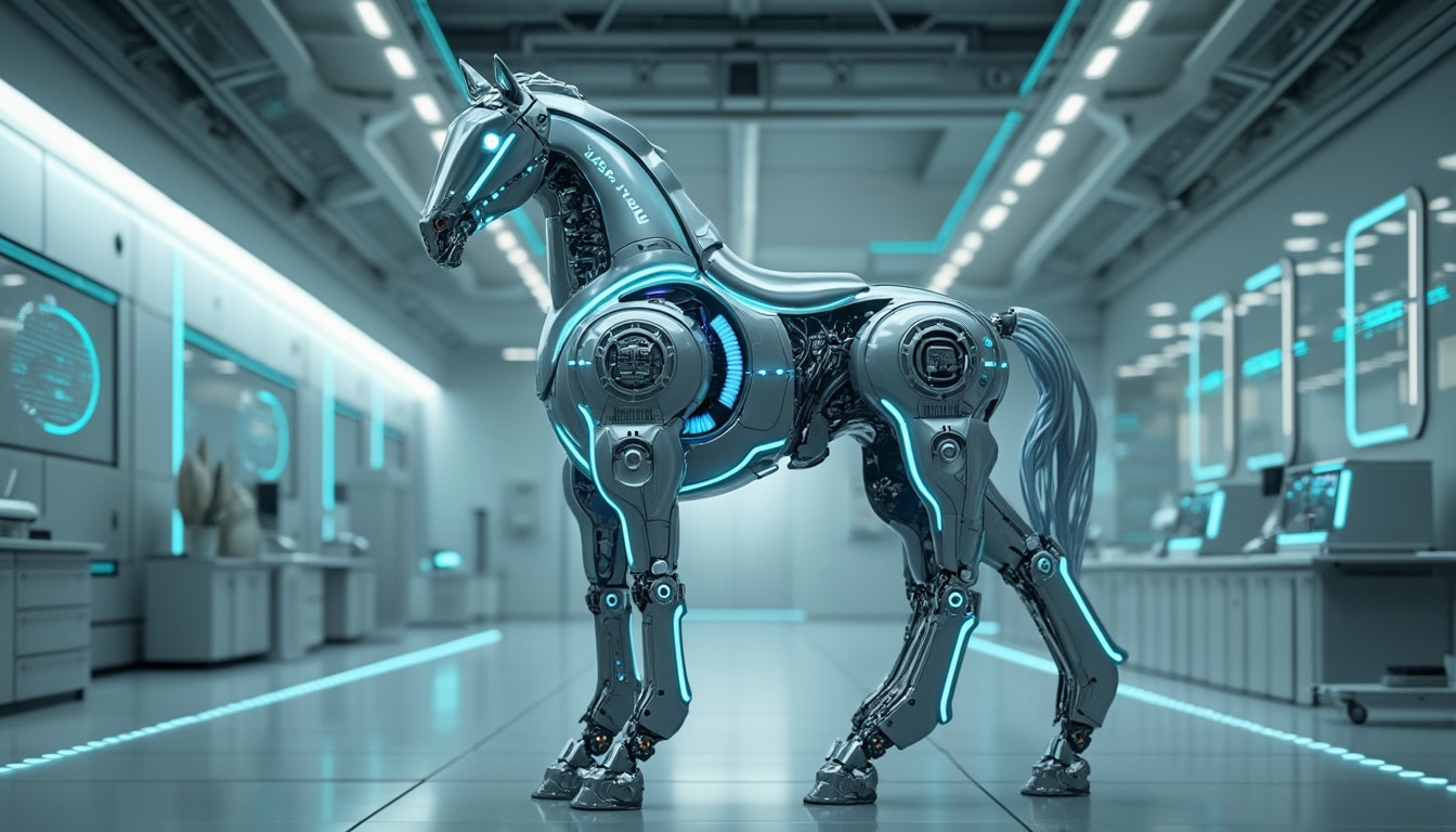 entdecken sie den revolutionären pferderoboter von kawasaki, der die grenzen der technologie überschreitet und aussieht, als wäre er direkt aus einem science-fiction-film entsprungen. erleben sie die zukunft der robotik und pferdetraining in einem innovativen design!